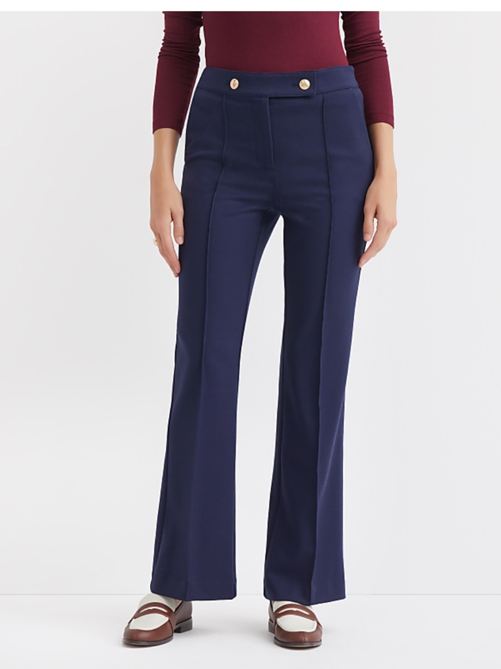 LOFT Navy Pintuck Flare Pants with Gold Buttons